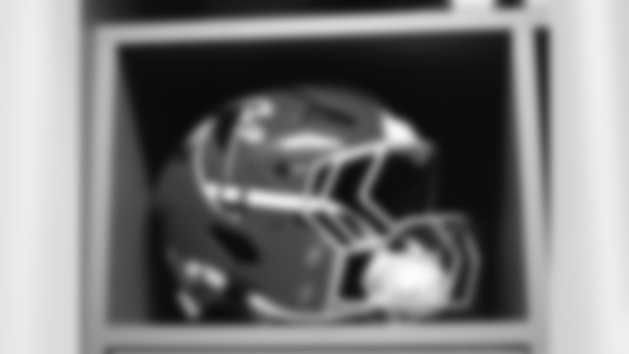 A general view of helmets in the locker room during the Week 15 Game against the Tampa Bay Buccaneers at Raymond James Stadium in Tampa, Florida on Thursday, December 11, 2025. (Photo by Brandon Magnus/Atlanta Falcons)