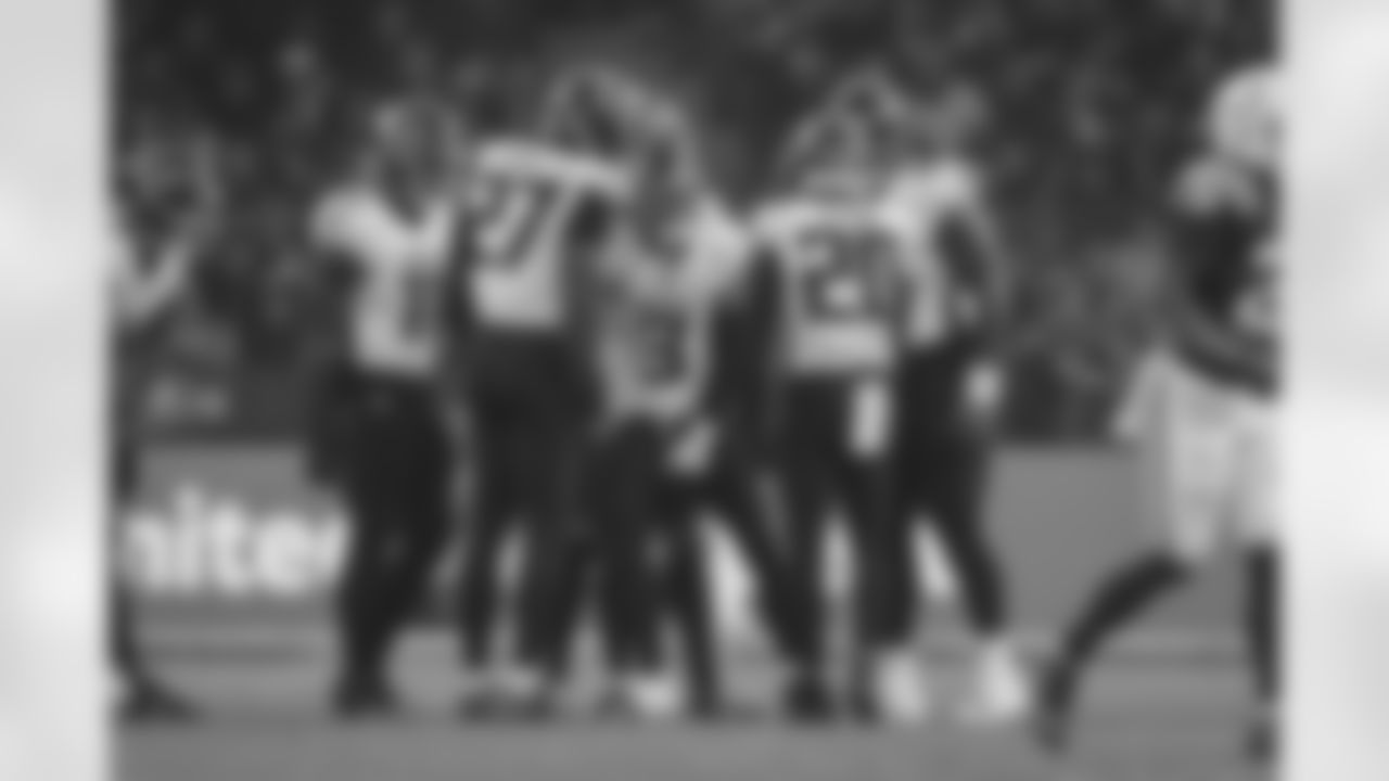 Atlanta Falcons cornerback Dee Alford #20 celebrates after breaking up a pass during the first quarter of the Week 10 Game against the Indianapolis Colts at Olympic Stadium in Berlin, Germany on Sunday, November 9, 2025. (Photo by Taylor McLaughlin/Atlanta Falcons)