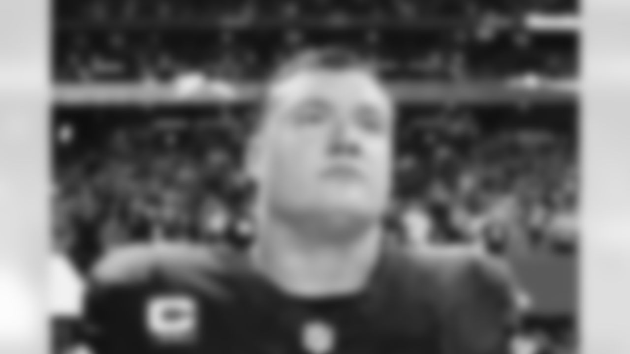 Atlanta Falcons guard Chris Lindstrom #63 during the anthem during Week 6 against the Buffalo Bills at Mercedes-Benz Stadium in Atlanta, Ga. on Monday, October 13, 2025. (Photo by Brandon Magnus/Atlanta Falcons)