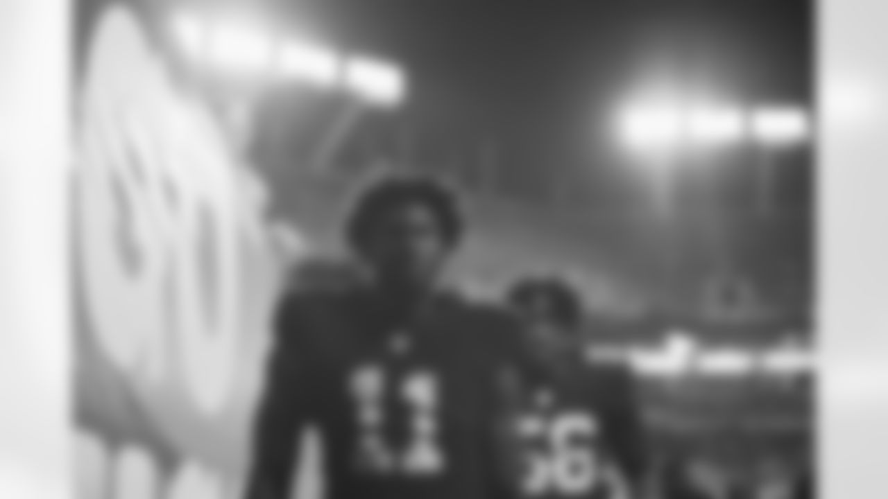 Atlanta Falcons edge rusher Jalon Walker #11 and edge rusher Leonard Floyd #56 during the Week 15 Game against the Tampa Bay Buccaneers at Raymond James Stadium in Tampa, Florida on Thursday, December 11, 2025. (Photo by Brandon Magnus/Atlanta Falcons)