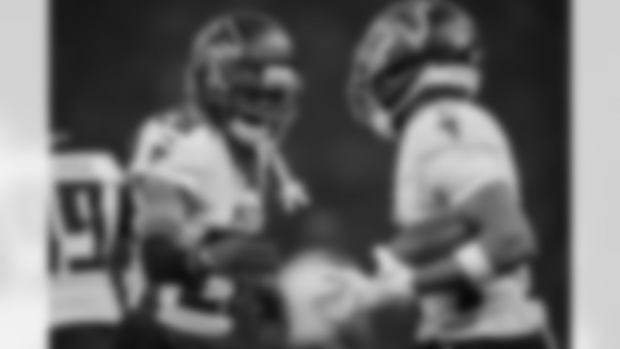 Atlanta Falcons cornerback Mike Ford Jr. #28 and wide receiver KhaDarel Hodge #4 react after downing a punt during the first quarter of the Week 10 Game against the Indianapolis Colts at Olympic Stadium in Berlin, Germany on Sunday, November 9, 2025. (Photo by Taylor McLaughlin/Atlanta Falcons)