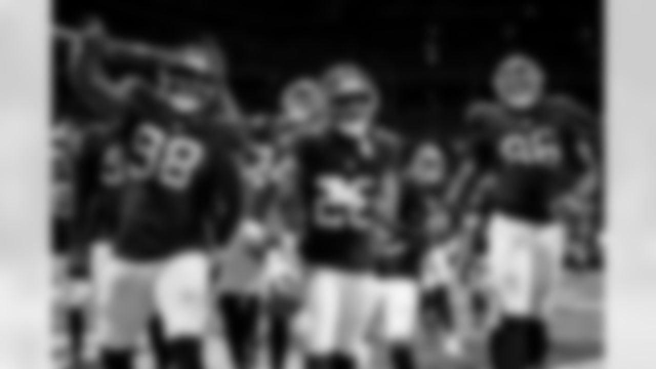 The Atlanta Falcons defense reacts after Atlanta Falcons cornerback Dee Alford #20 intercepts the ball during the Week 6 Game against the Buffalo Bills at Mercedes-Benz Stadium in Atlanta, Georgia on Monday, October 13, 2025. (Photo by Jay Bendlin/Atlanta Falcons)