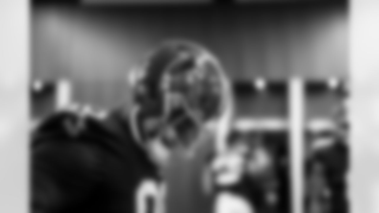 Atlanta Falcons defensive lineman David Onyemata #90 prepares in the locker room before the Week 17 Game against the Los Angeles Rams at Mercedes-Benz Stadium in Atlanta, Georgia on Monday, December 29, 2025. (Photo by Jay Bendlin/Atlanta Falcons)