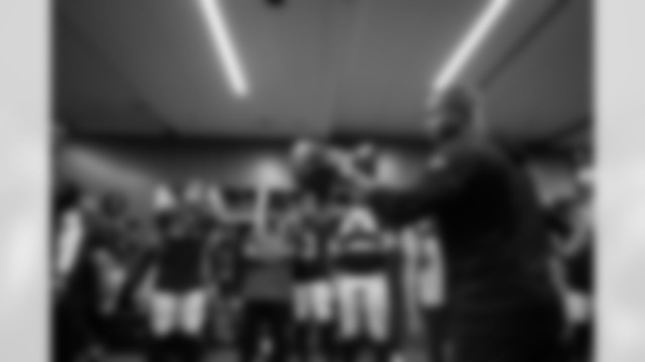 Atlanta Falcons head coach Raheem Morris in the locker room after the Week 6 Game against the Buffalo Bills at Mercedes-Benz Stadium in Atlanta, Georgia on Monday, October 13, 2025. (Photo by Jay Bendlin/Atlanta Falcons)