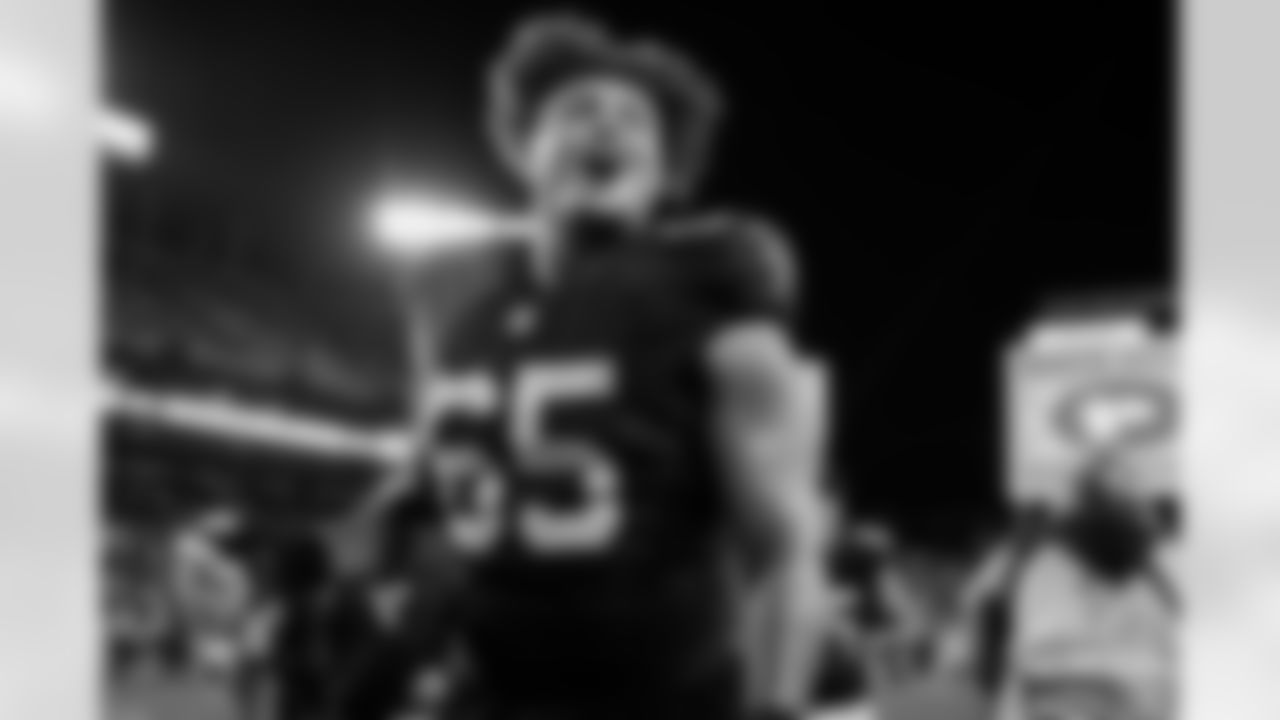 Atlanta Falcons offensive lineman Matthew Bergeron #65 celebrates during the Week 15 Game against the Tampa Bay Buccaneers at Raymond James Stadium in Tampa, Florida on Thursday, December 11, 2025. (Photo by Mitch Martin/Atlanta Falcons)