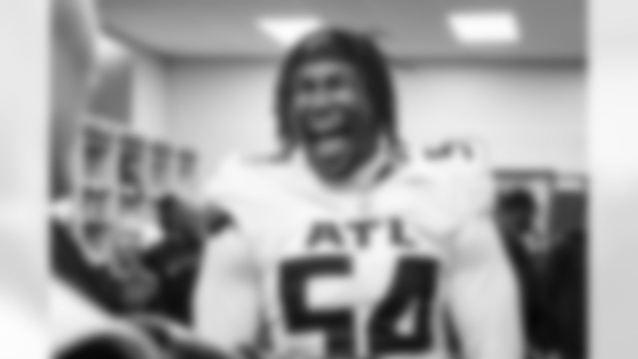 Atlanta Falcons defensive tackle Brandon Dorlus #54 in the locker room after the Week 2 Game against the Minnesota Vikings at U.S. Bank Stadium in Minneapolis, Minnesota on Sunday, September 14, 2025. (Photo by Jay Bendlin/Atlanta Falcons)