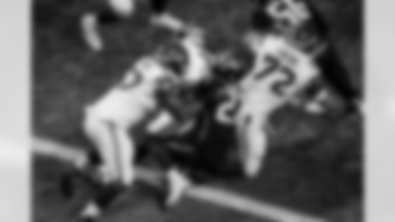 Atlanta Falcons edge rusher James Pearce Jr. #27 makes a sack during the Week 14 Game against the Seattle Seahawks at Mercedes-Benz Stadium in Atlanta, Georgia on Sunday, December 7, 2025. (Photo by Matthew Grimes/Atlanta Falcons)