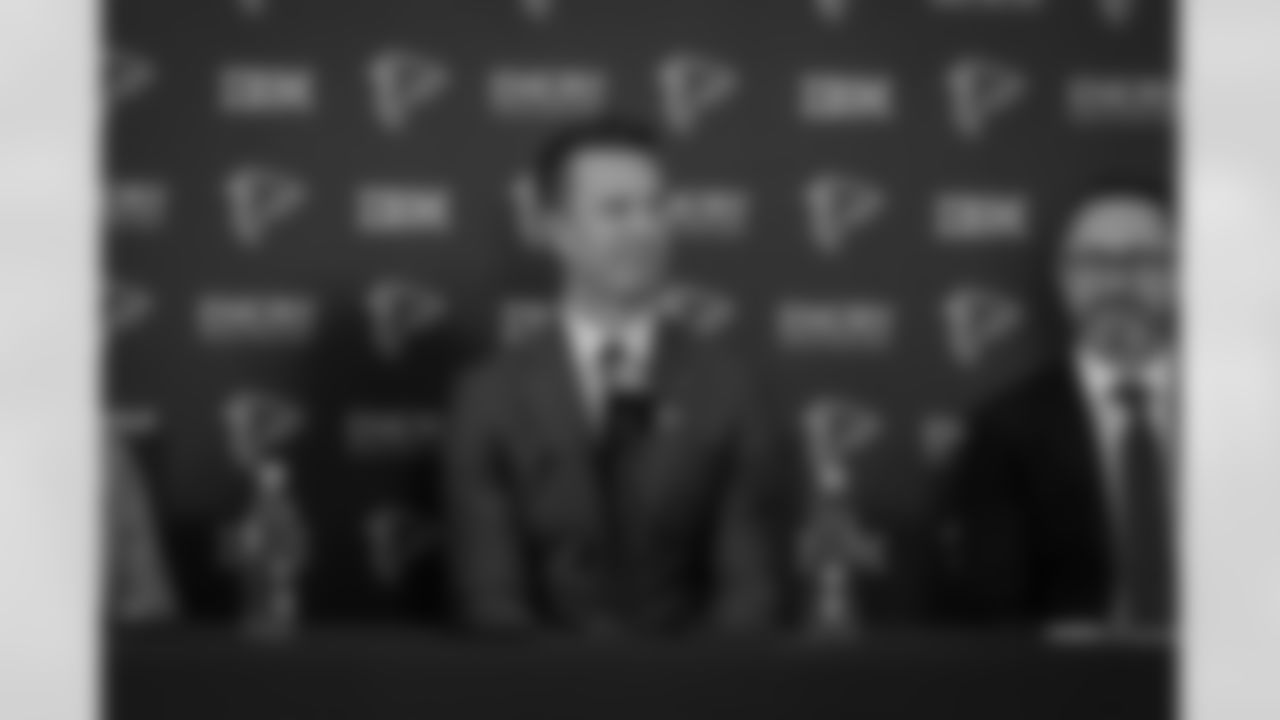 Matt Ryan, Greg Beadles, and Arthur Blank at the press conference at the Atlanta Falcons Training Facility in Flowery Branch, Ga. On Tuesday, January 13, 2026.(Photo by Taylor McLaughlin/Atlanta Falcons)