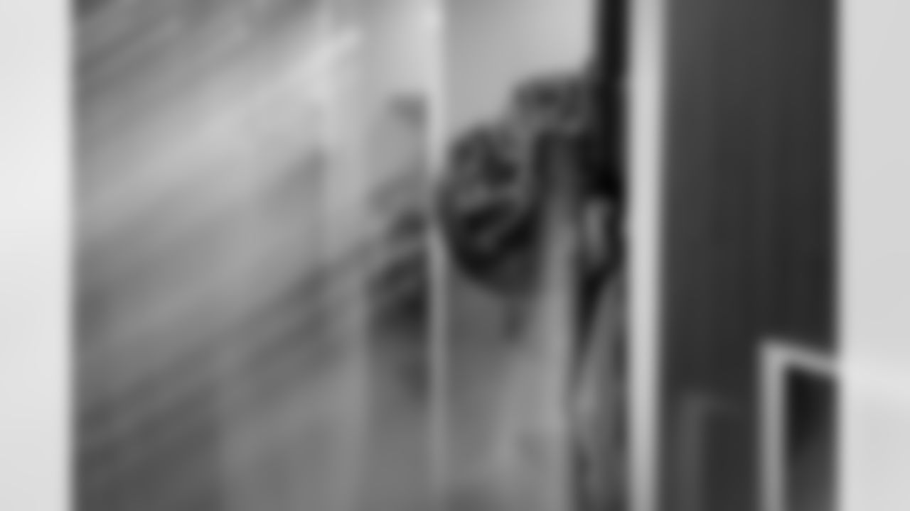 A general view of the red helmet in the locker room before the Week 17 Game against the Los Angeles Rams at Mercedes-Benz Stadium in Atlanta, Georgia on Monday, December 29, 2025. (Photo by Jay Bendlin/Atlanta Falcons)