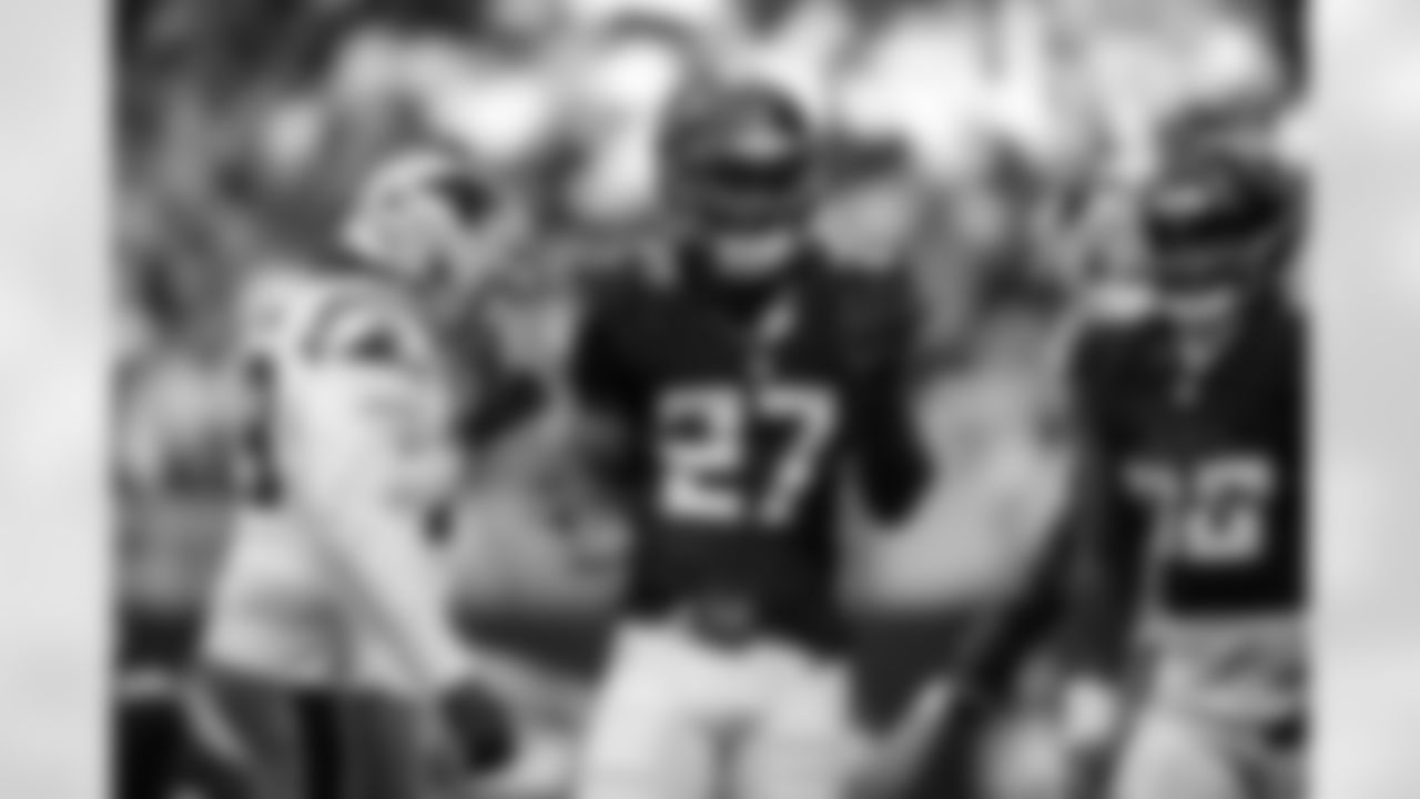 Atlanta Falcons edge rusher James Pearce Jr. #27 reacts during the Week 11 Game against the Carolina Panthers at Mercedes-Benz Stadium in Atlanta, Georgia on Sunday, November 16, 2025. (Photo by Jay Bendlin/Atlanta Falcons)