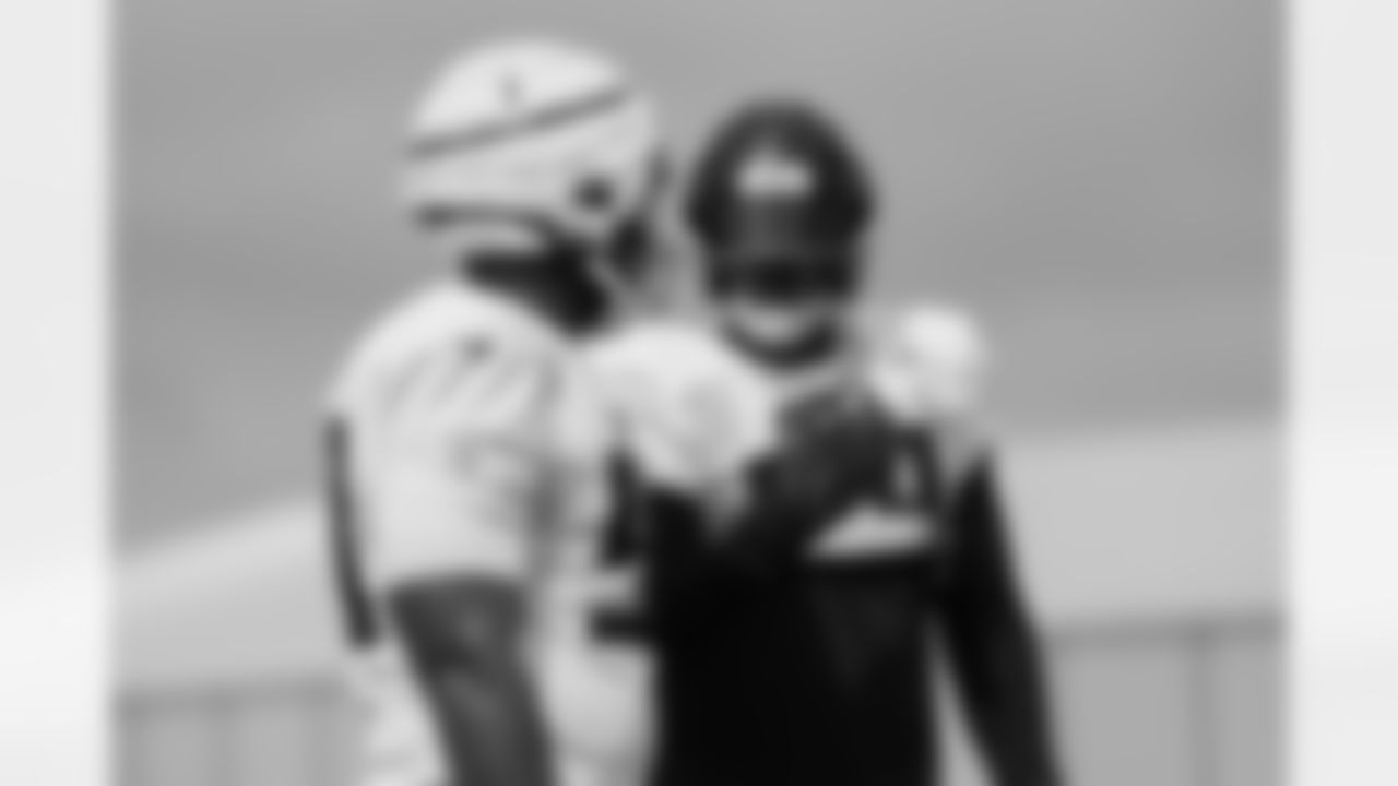 Atlanta Falcons defensive lineman Ruke Orhorhoro #98 and Atlanta Falcons defensive lineman David Onyemata #90 during practice at AT&T Training Camp at Atlanta Falcons Training Facility in Flowery Branch, Georgia, on Wednesday, August 20, 2025. (Photo by Jay Bendlin/Atlanta Falcons)