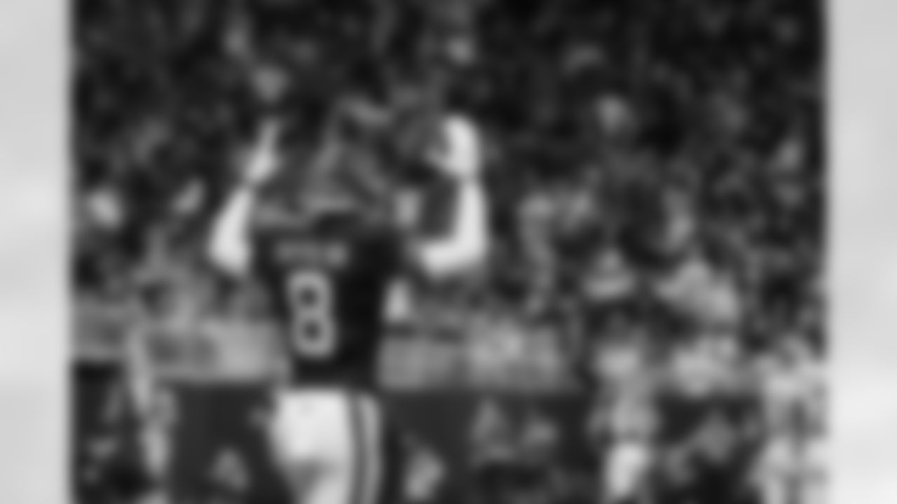 Atlanta Falcons tight end Kyle Pitts Sr. #8 reacts after the touchdown during the Week 17 Game against the Los Angeles Rams at Mercedes-Benz Stadium in Atlanta, Georgia on Monday, December 29, 2025. (Photo by Taylor McLaughlin/Atlanta Falcons)