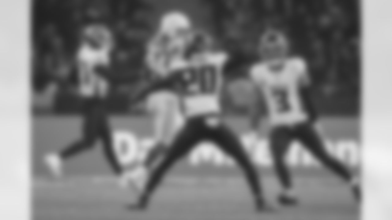 Atlanta Falcons cornerback Dee Alford #20 celebrates after breaking up a pass during the first quarter of the Week 10 Game against the Indianapolis Colts at Olympic Stadium in Berlin, Germany on Sunday, November 9, 2025. (Photo by Taylor McLaughlin/Atlanta Falcons)