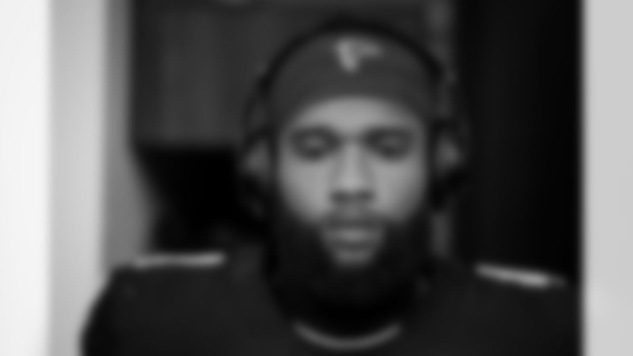 Atlanta Falcons wide receiver KhaDarel Hodge #4 prepares in the locker room before the Week 11 Game against the Carolina Panthers at Mercedes-Benz Stadium in Atlanta, Georgia on Sunday, November 16, 2025. (Photo by Jay Bendlin/Atlanta Falcons)