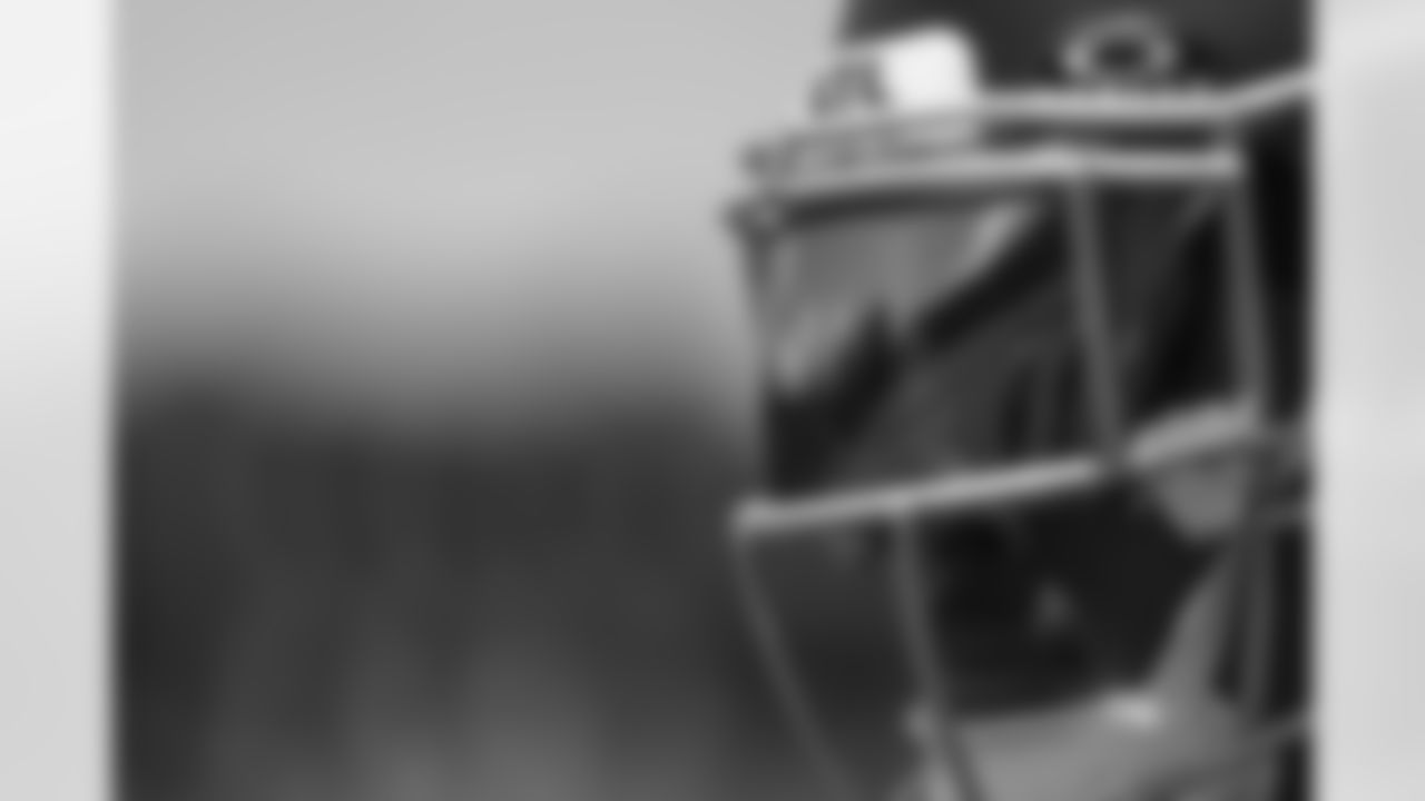 View of the reflection in the visor of Atlanta Falcons wide receiver Darnell Mooney #1 during OTAs at Atlanta Falcons Training Facility in Flowery Branch, Georgia, on Monday, May 20, 2024. (Photo by Shanna Lockwood/Atlanta Falcons)