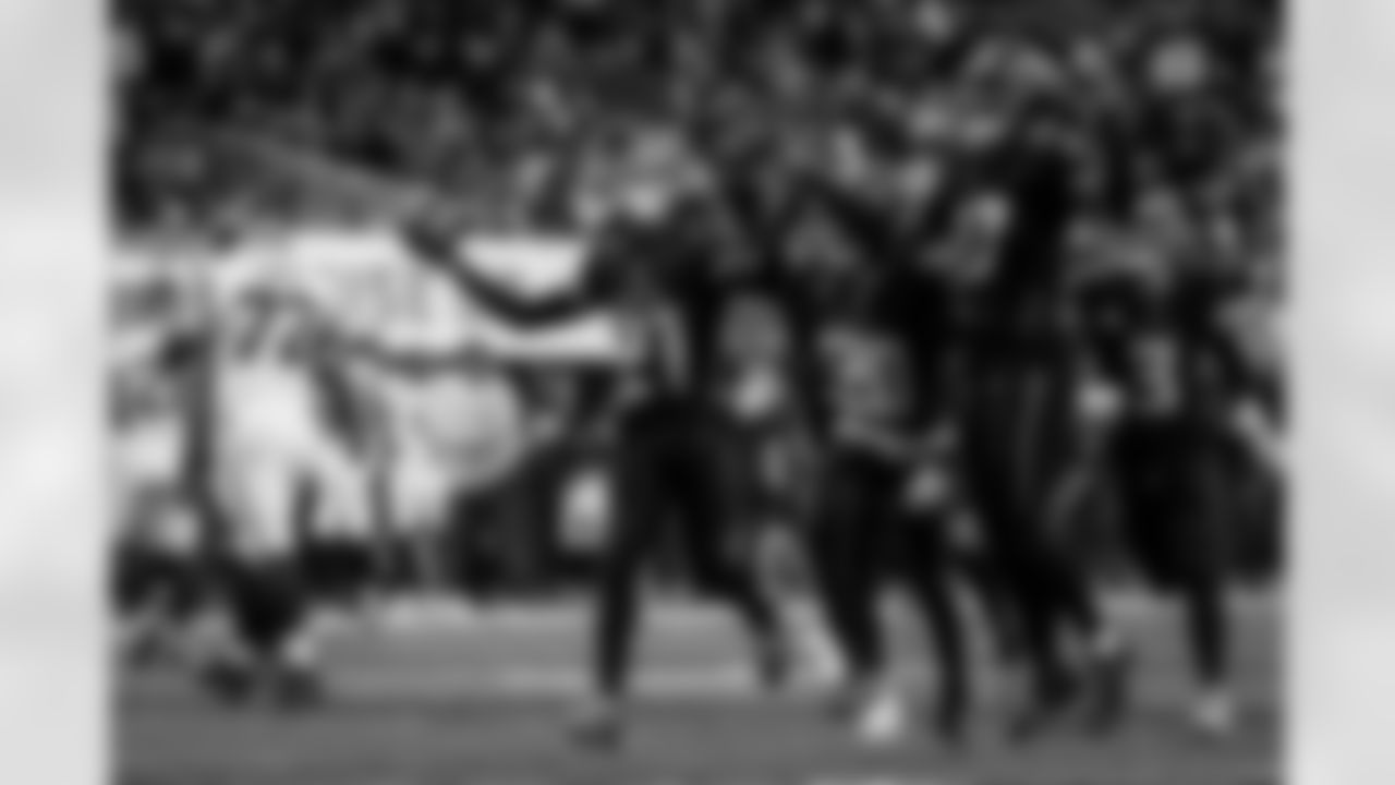 Atlanta Falcons cornerback Mike Hughes #21 celebrates after making an interception during the Week 14 Game against the Seattle Seahawks at Mercedes-Benz Stadium in Atlanta, Georgia on Sunday, December 7, 2025. (Photo by Mitch Martin/Atlanta Falcons)