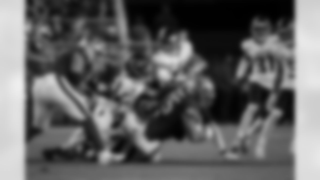 Atlanta Falcons defensive tackle Brandon Dorlus #54 , Atlanta Falcons inside linebacker DeAngelo Malone #51 and Atlanta Falcons inside linebacker Kaden Elliss #55 combine for a tackle during the Week 7 Game against the San Francisco 49ers at Levi's Stadium in Santa Clara, California on Sunday, October 19, 2025. (Photo by Jay Bendlin/Atlanta Falcons)