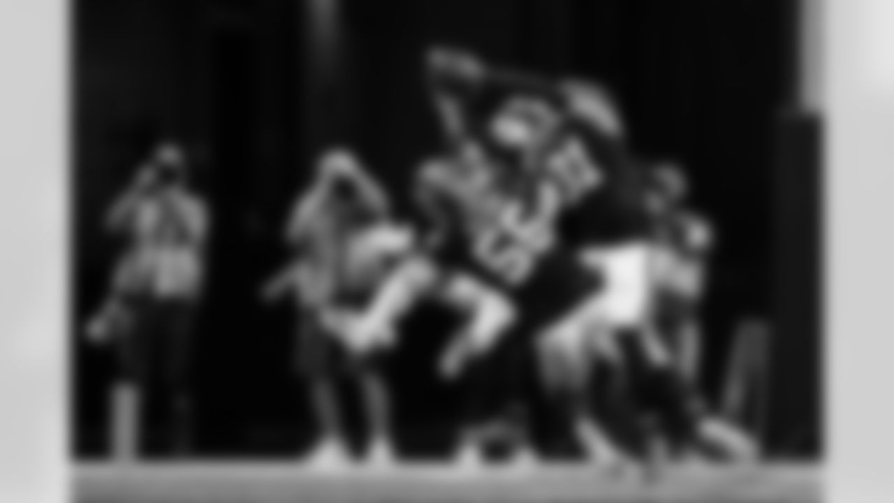 Atlanta Falcons safety Xavier Watts #31 intercepts the ball during the Week 17 Game against the Los Angeles Rams at Mercedes-Benz Stadium in Atlanta, Georgia on Monday, December 29, 2025. (Photo by AJ Reynolds/Atlanta Falcons)