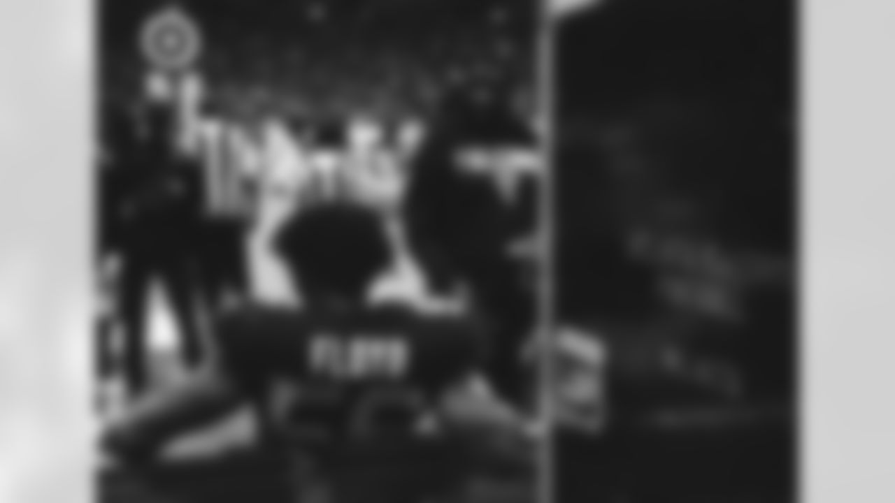 Atlanta Falcons edge rusher Leonard Floyd #56 on the sideline during Week 6 against the Buffalo Bills at Mercedes-Benz Stadium in Atlanta, Ga. on Monday, October 13, 2025. (Photo by Brandon Magnus/Atlanta Falcons)