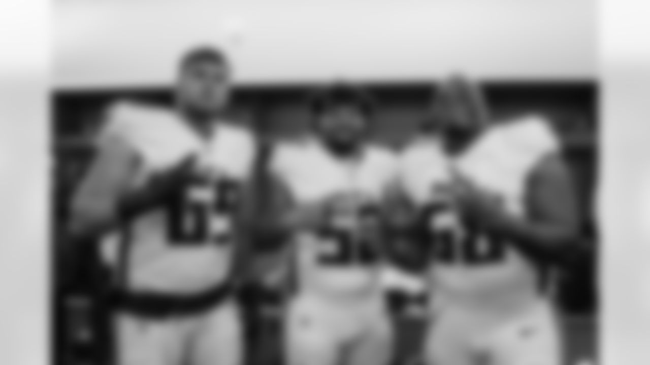 Atlanta Falcons offensive lineman Jack Nelson #69 , Atlanta Falcons offensive lineman Jovaughn Gwyn #52 and Atlanta Falcons offensive lineman Kyle Hinton #68 poses after  the Week 12 Game against the New Orleans Saints at Caesars Superdome in New Orleans, Louisiana on Sunday, November 23, 2025. (Photo by Jay Bendlin/Atlanta Falcons)