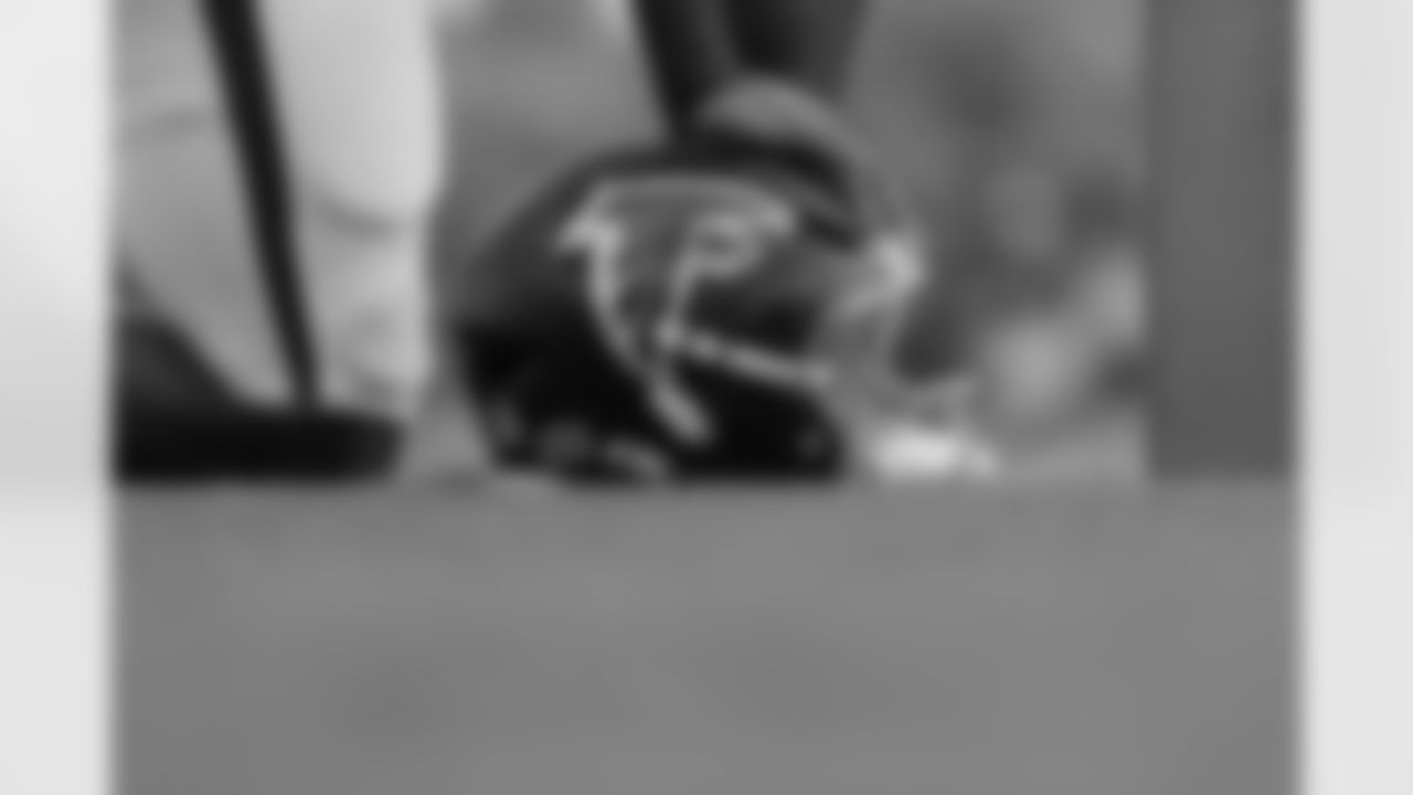 Details of a helmet during practice at AT&T Training Camp at Atlanta Falcons Training Facility in Flowery Branch, Georgia, on Wednesday, August 20, 2025. (Photo by Jay Bendlin/Atlanta Falcons)