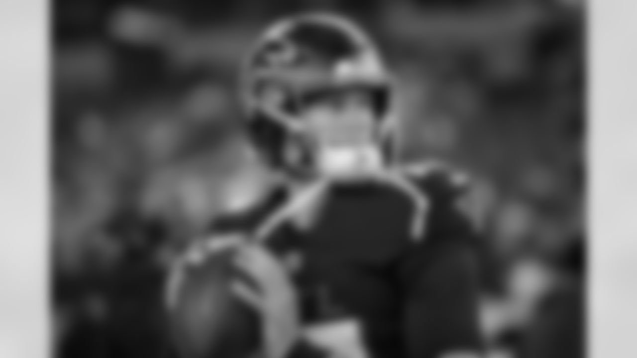 Atlanta Falcons quarterback Easton Stick #12 warms up before the Preseason Game against the Dallas Cowboys at AT&T Stadium in Arlington, Texas on Friday, August 22, 2025. (Photo by Jay Bendlin/Atlanta Falcons)