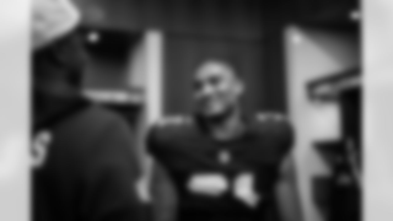 Atlanta Falcons safety Xavier Watts #31 in the locker room after the Week 17 Game against the Los Angeles Rams at Mercedes-Benz Stadium in Atlanta, Georgia on Monday, December 29, 2025. (Photo by Jay Bendlin/Atlanta Falcons)