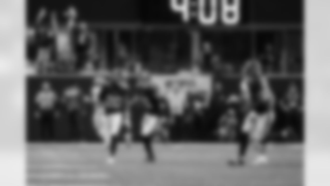 Atlanta Falcons safety Xavier Watts #31 returns the ball after an interception during the Week 17 Game against the Los Angeles Rams at Mercedes-Benz Stadium in Atlanta, Georgia on Monday, December 29, 2025. (Photo by Steven Burroughs/Atlanta Falcons)