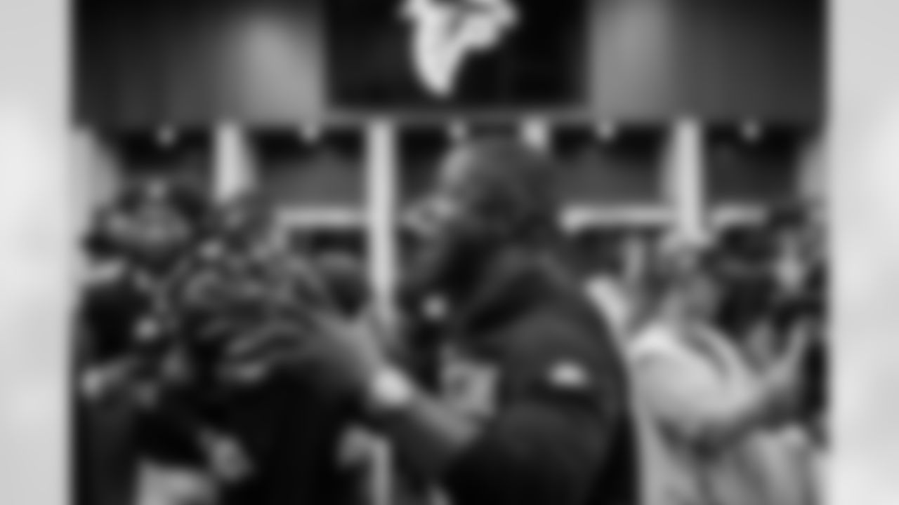 Atlanta Falcons head coach Raheem Morris in the locker room after the Week 6 Game against the Buffalo Bills at Mercedes-Benz Stadium in Atlanta, Georgia on Monday, October 13, 2025. (Photo by Jay Bendlin/Atlanta Falcons)