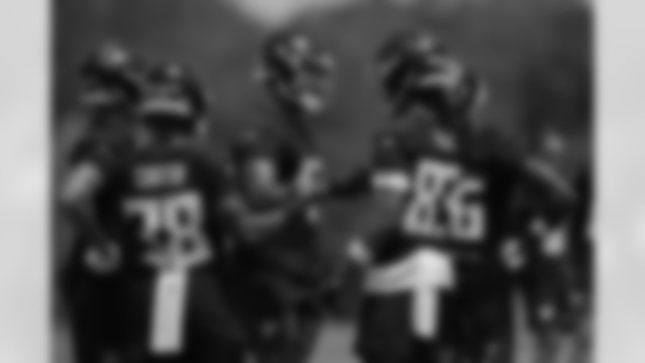 Atlanta Falcons tight end Joshua Simon #47, Atlanta Falcons running back Nathan Carter #38, and Atlanta Falcons wide receiver Makai Polk #83 during practice during rookie minicamp at Atlanta Falcons Training Facility in Flowery Branch, Georgia, on Friday, May 9, 2025. (Photo by Jay Bendlin/Atlanta Falcons)