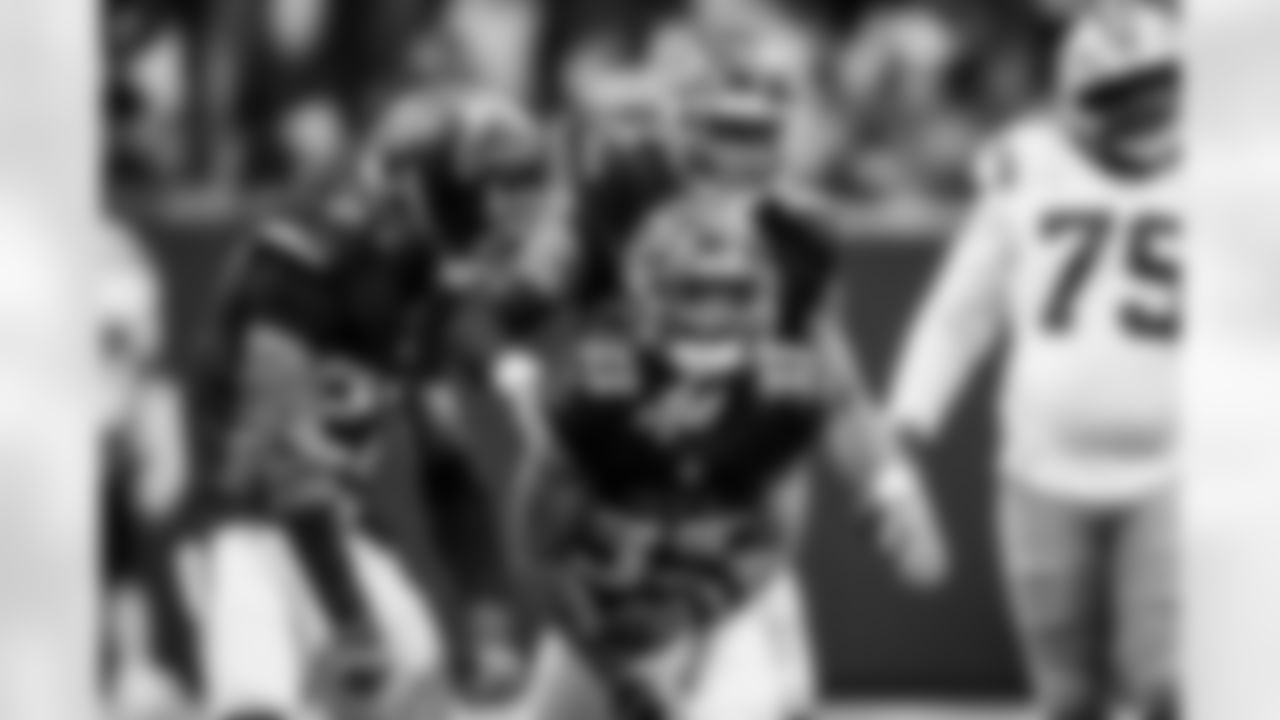 Atlanta Falcons defensive back Billy Bowman Jr. #33 celebrates a sack during the Week 11 Game against the Carolina Panthers at Mercedes-Benz Stadium in Atlanta, Georgia on Sunday, November 16, 2025. (Photo by Kevin Liles/Atlanta Falcons)