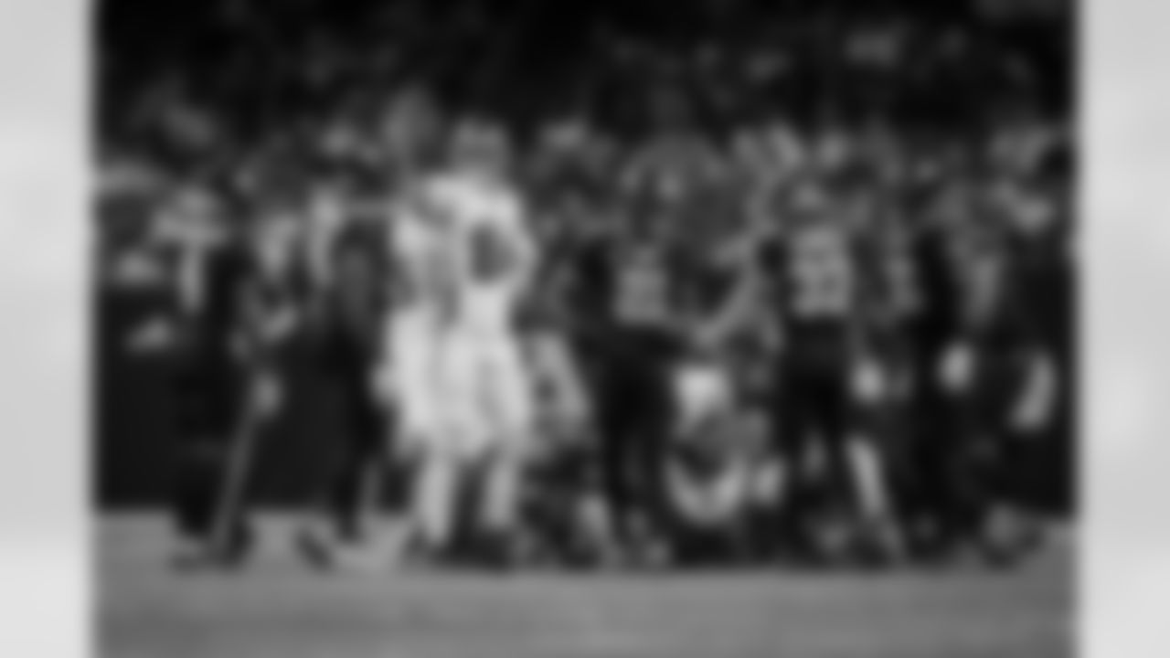 Atlanta Falcons tight end Feleipe Franks #84 reacts during the Week 12 Game against the New Orleans Saints at Caesars Superdome in New Orleans, Louisiana on Sunday, November 23, 2025. (Photo by Taylor McLaughlin/Atlanta Falcons)