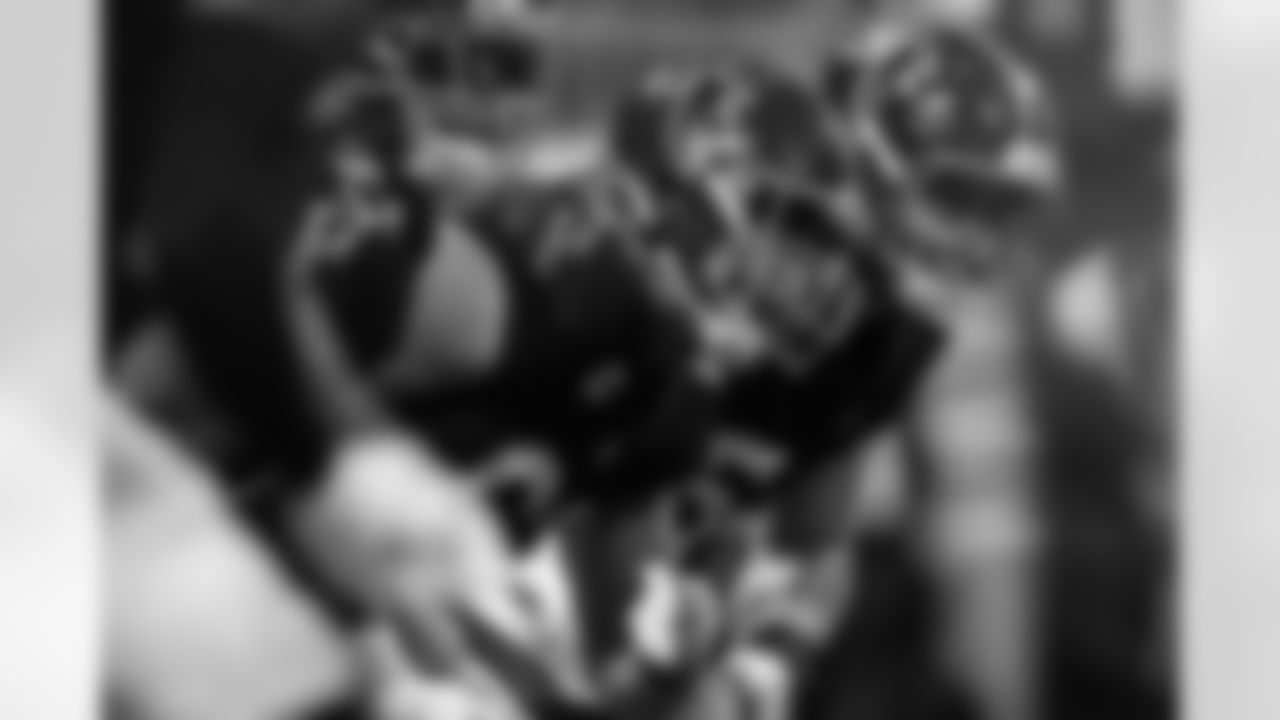 Atlanta Falcons guard Chris Lindstrom #63 blocks defenders during the Week 6 Game against the Buffalo Bills at Mercedes-Benz Stadium in Atlanta, Ga. on Monday, October 13, 2025. (Photo by Jay Bendlin/Atlanta Falcons)