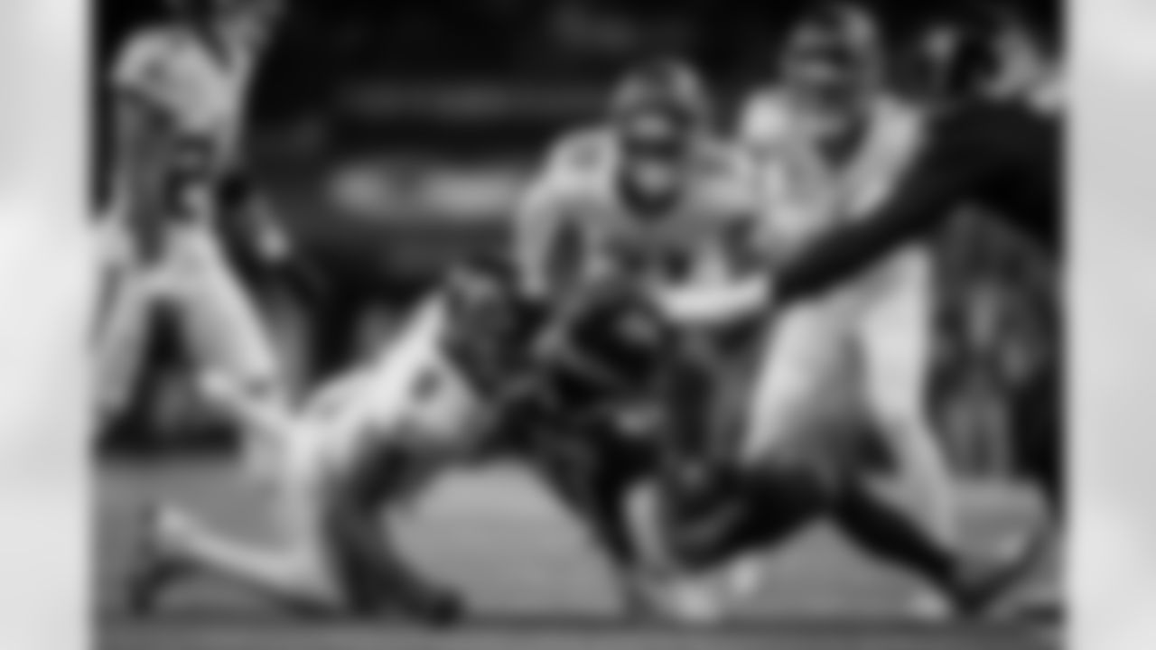 Atlanta Falcons outside linebacker Divine Deablo #0 makes the tackle during the Week 12 Game against the New Orleans Saints at Caesars Superdome in New Orleans, Louisiana on Sunday, November 23, 2025. (Photo by Taylor McLaughlin/Atlanta Falcons)