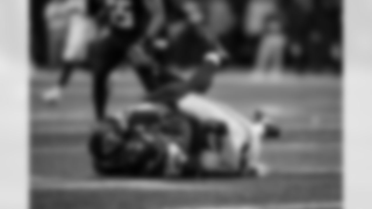 Atlanta Falcons defensive lineman Kentavius Street #93 makes a tackle during the Week 14 Game against the Seattle Seahawks at Mercedes-Benz Stadium in Atlanta, Georgia on Sunday, December 7, 2025. (Photo by Taylor McLaughlin/Atlanta Falcons)