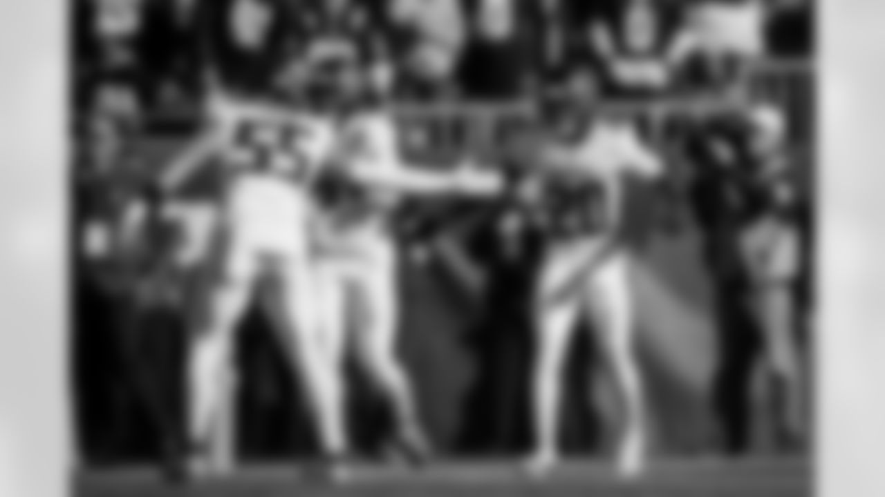 Atlanta Falcons inside linebacker Kaden Elliss #55 and Atlanta Falcons cornerback Dee Alford #20 celebrate a tackle in the red zone during the Week 9 Game against the New England Patriots at Gillette Stadium in Foxborough, Massachusetts on Sunday, November 2, 2025. (Photo by Jay Bendlin/Atlanta Falcons)