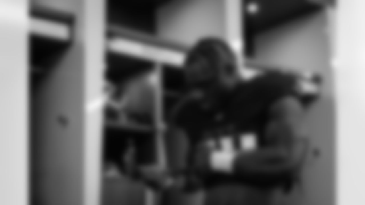 /f38. prepares in the locker room before the Week 8 Game against the Miami Dolphins at Mercedes-Benz Stadium in Atlanta, Georgia on Sunday, October 26, 2025. (Photo by Jay Bendlin/Atlanta Falcons)