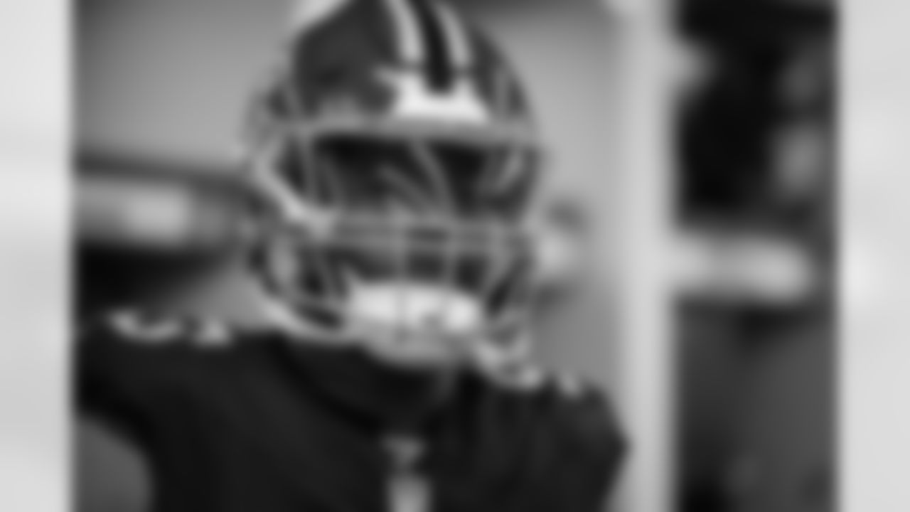 Atlanta Falcons defensive lineman David Onyemata #90 prepares in the locker room before the Week 6 Game against the Buffalo Bills at Mercedes-Benz Stadium in Atlanta, Georgia on Monday, October 13, 2025. (Photo by Jay Bendlin/Atlanta Falcons)