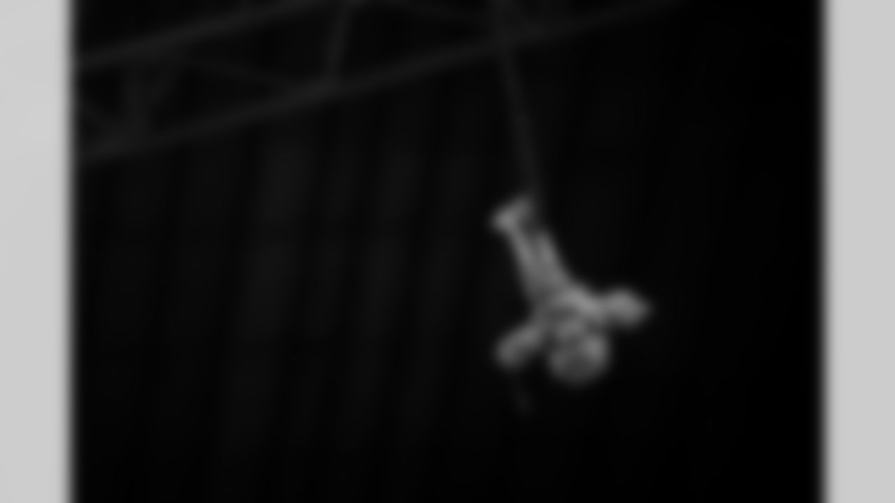 Freddie Falcon ziplines across the field during the Week 17 Game against the Los Angeles Rams at Mercedes-Benz Stadium in Atlanta, Georgia on Monday, December 29, 2025. (Photo by AJ Reynolds/Atlanta Falcons)