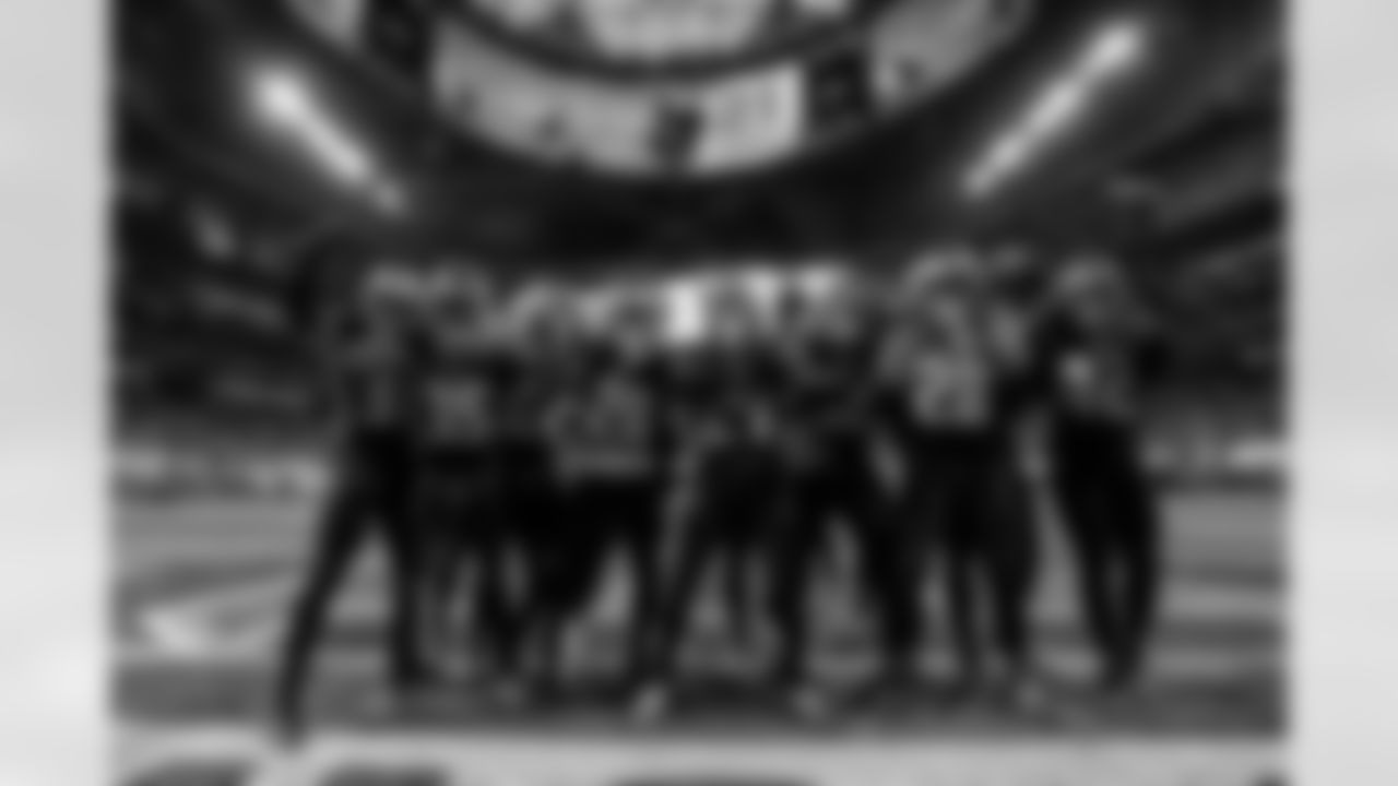 Atlanta Falcons cornerback Mike Hughes #21 celebrates with teammates after making an interception during the Week 14 Game against the Seattle Seahawks at Mercedes-Benz Stadium in Atlanta, Georgia on Sunday, December 7, 2025. (Photo by Mitch Martin/Atlanta Falcons)