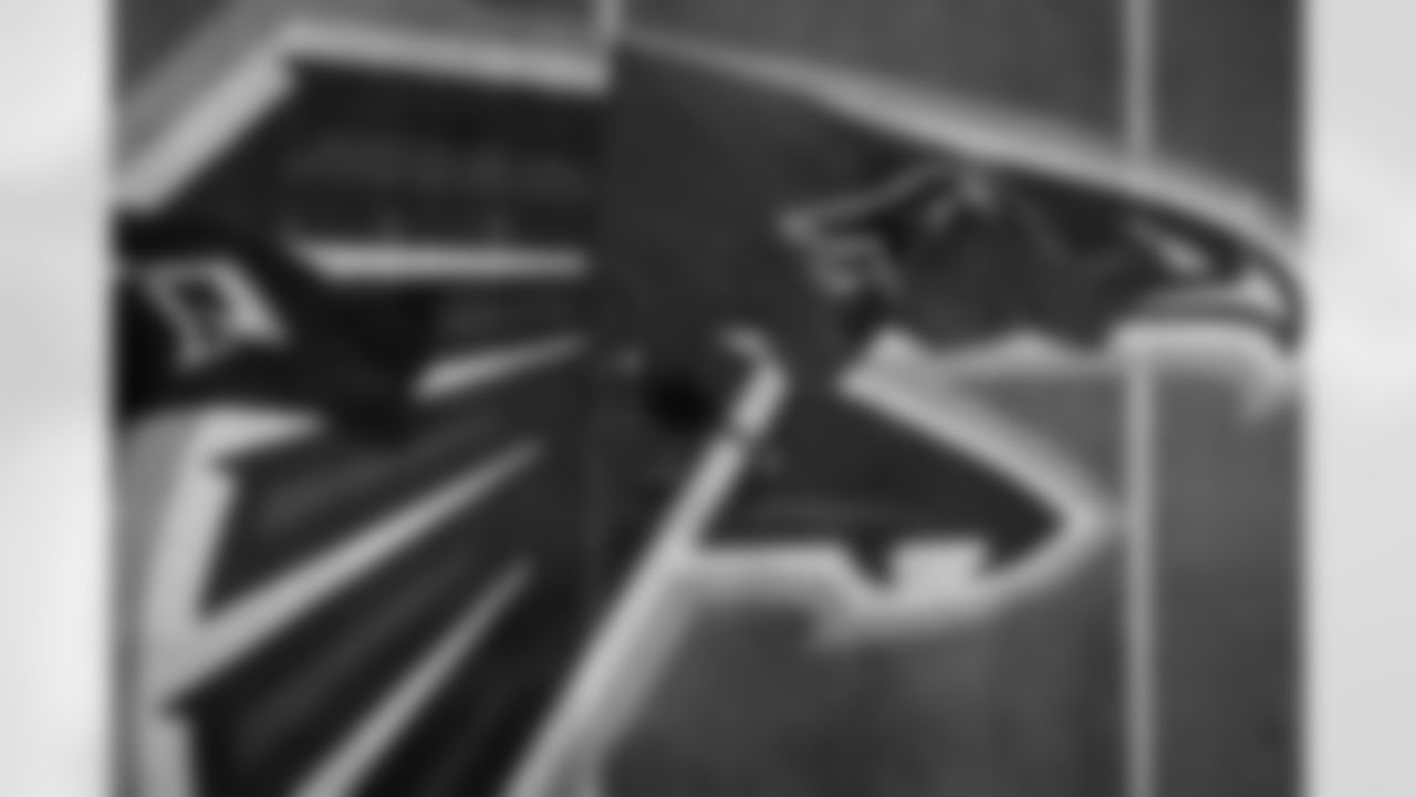 A detail of the flags on the field after a touchdown during the Week 18 Game against the New Orleans Saints at Mercedes-Benz Stadium in Atlanta, Georgia on Sunday, January 4, 2026. (Photo by Taylor McLaughlin/Atlanta Falcons)