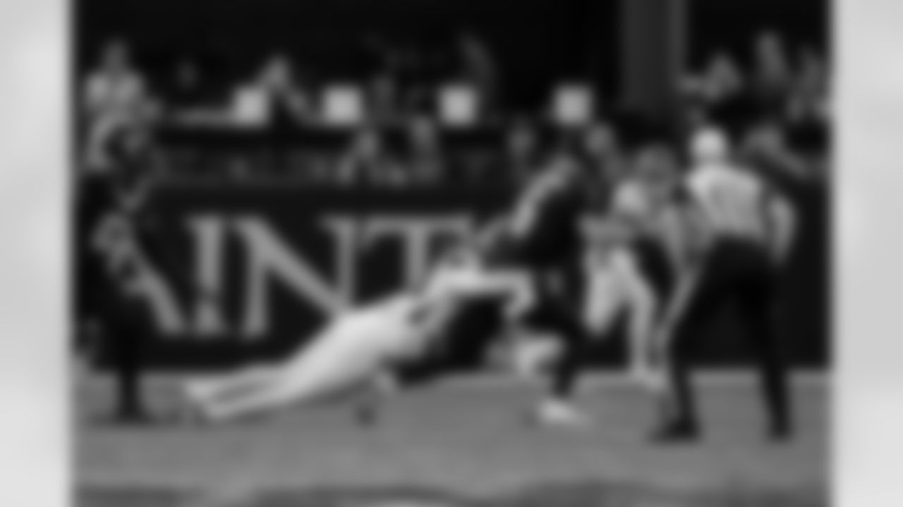 Atlanta Falcons defensive tackle Brandon Dorlus #54 makes a sack during the Week 12 Game against the New Orleans Saints at Caesars Superdome in New Orleans, Louisiana on Sunday, November 23, 2025. (Photo by Taylor McLaughlin/Atlanta Falcons)