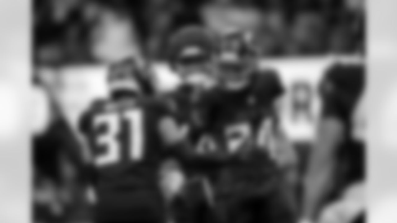 Atlanta Falcons cornerback A.J. Terrell Jr. #24 and Atlanta Falcons safety Xavier Watts #31 react after a fumble recovery during the Week 18 Game against the New Orleans Saints at Mercedes-Benz Stadium in Atlanta, Georgia on Sunday, January 4, 2026. (Photo by Brandon Magnus/Atlanta Falcons)