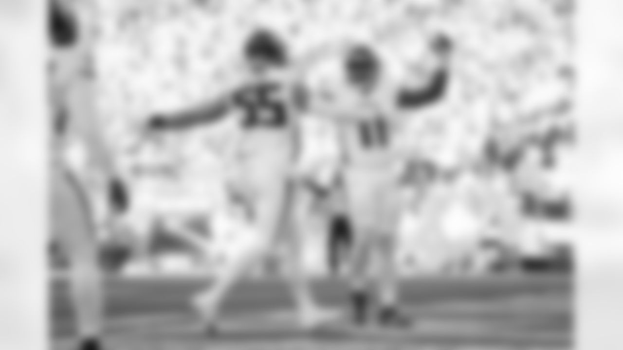 Atlanta Falcons edge rusher Jalon Walker #11 celebrates with Atlanta Falcons inside linebacker Kaden Elliss #55 after making a sack and forcing a fumble during the Week 9 Game against the New England Patriots at Gillette Stadium in Foxborough, Massachusetts on Sunday, November 2, 2025. (Photo by Jay Bendlin/Atlanta Falcons)