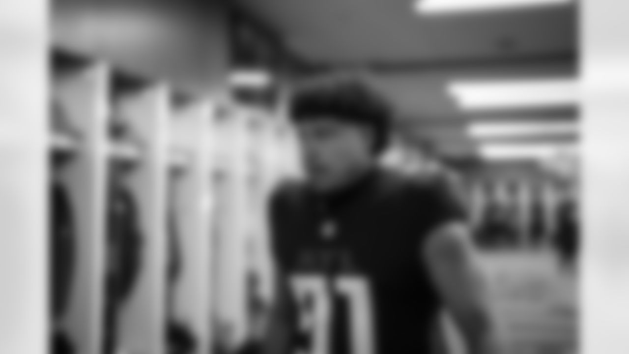 Atlanta Falcons defensive lineman Elijah Garcia #91 in the locker room before the Week 14 Game against the Seattle Seahawks at Mercedes-Benz Stadium in Atlanta, Georgia on Sunday, December 7, 2025. (Photo by Jay Bendlin/Atlanta Falcons)