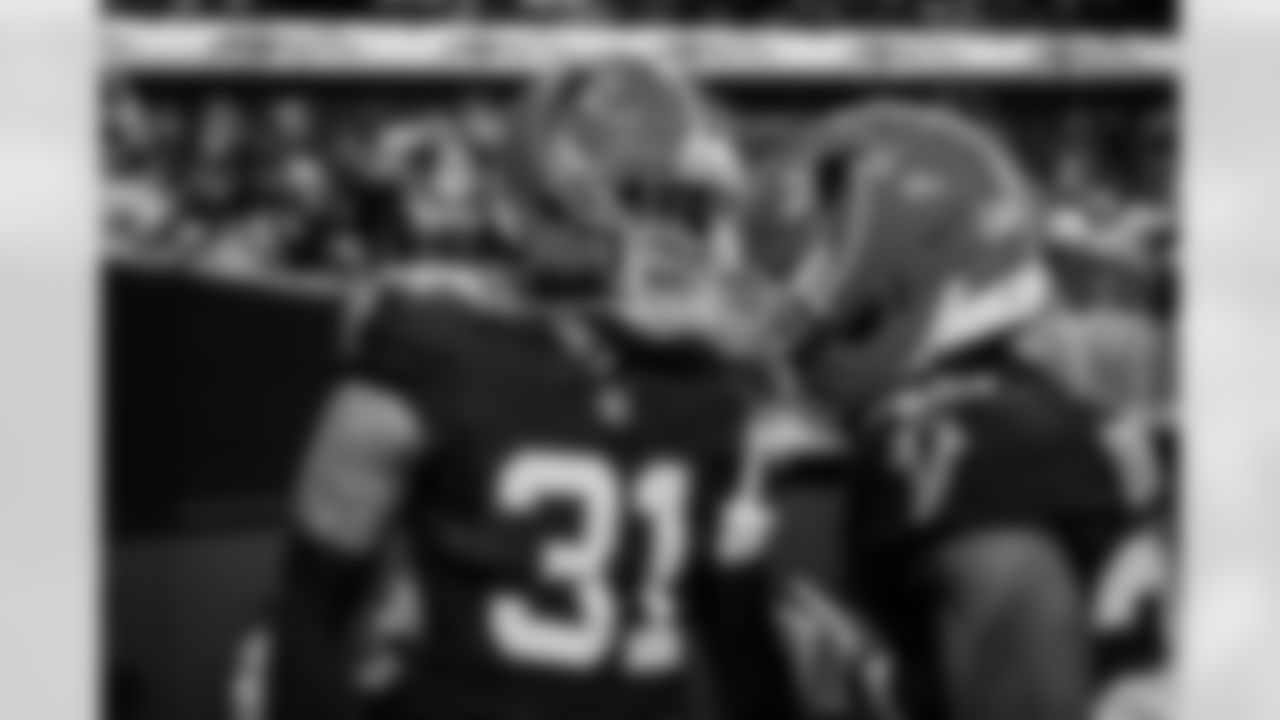 Atlanta Falcons safety Xavier Watts #31 celebrates with teammates after an interception during the Week 17 Game against the Los Angeles Rams at Mercedes-Benz Stadium in Atlanta, Georgia on Monday, December 29, 2025. (Photo by Steven Burroughs/Atlanta Falcons)