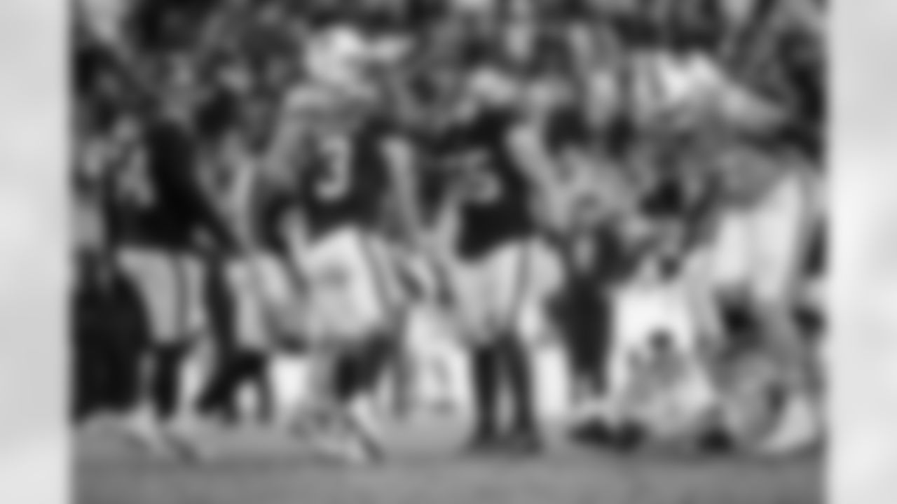 Atlanta Falcons safety Jessie Bates III #3 reacts with Atlanta Falcons inside linebacker Kaden Elliss #55 during the Week 15 Game against the Tampa Bay Buccaneers at Raymond James Stadium in Tampa, Florida on Thursday, December 11, 2025. (Photo by Jay Bendlin/Atlanta Falcons)