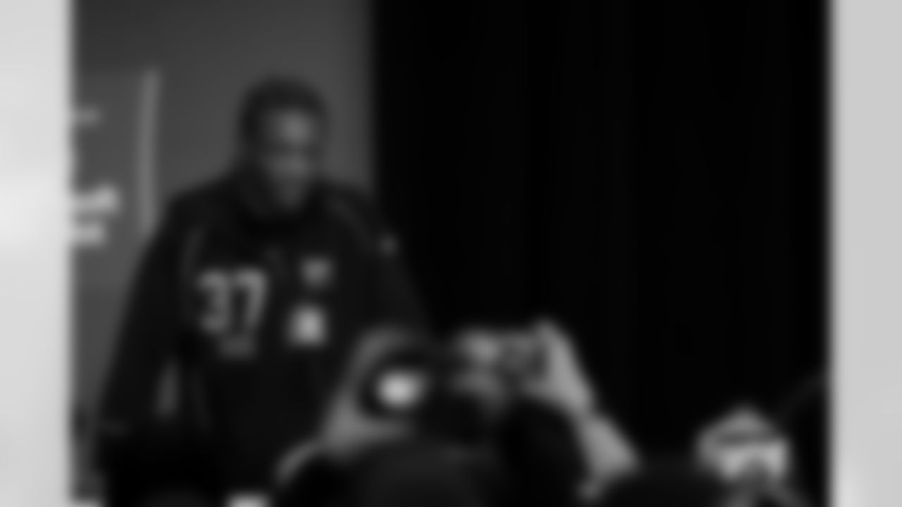 Ohio State wide receiver Carnell Tate (37) speaks during a press conference at the 2026 NFL Scouting Combine on Friday, February 27, 2026 in Indianapolis, Indiana. (Cooper Neill/NFL)