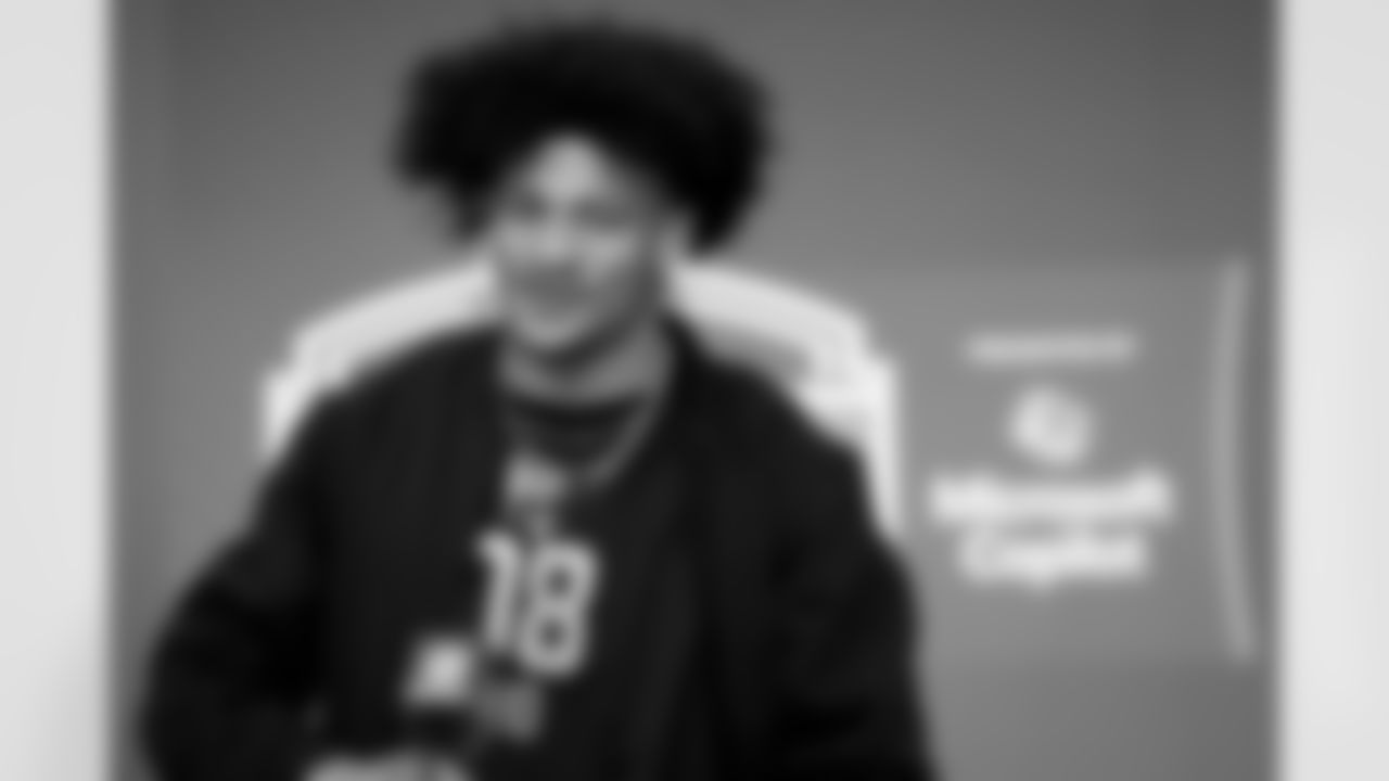 Washington wide receiver Denzel Boston (08) speaks during a press conference at the 2026 NFL Scouting Combine on Friday, February 27, 2026 in Indianapolis, Indiana. (Lauren Leigh Bacho/NFL)