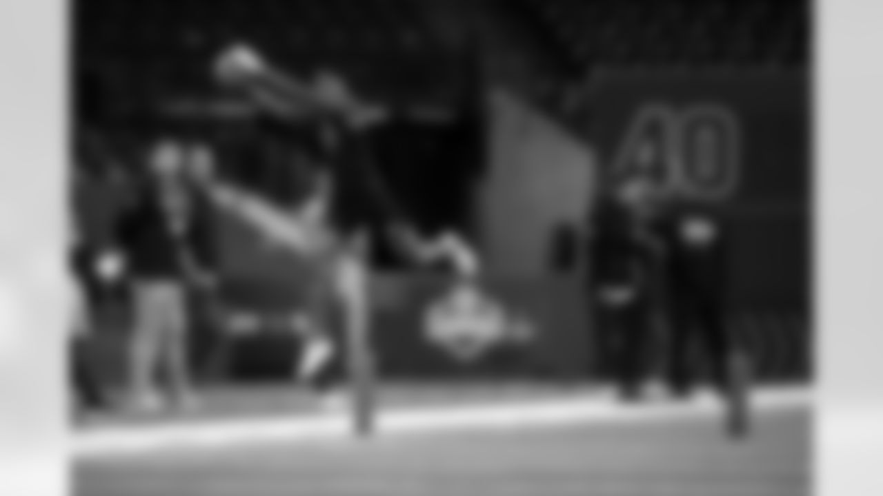 Incarnate Word wide receiver Jalen Walthall (43) participates in a drill during the 2026 NFL Scouting Combine on Saturday, February 28, 2026 in Indianapolis, Indiana. (Cooper Neill/NFL)